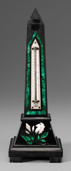 [Pietra Dura] Malachite Thermometer: British, mid 19th century, polished slate, obelisk form with inlaid malachite borders, pyramidal base with inlaid malachite and white stone, thermometer registers "Blood Heat" and "Summer Heat", 14-3/
