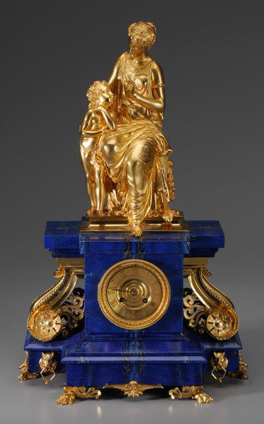 Fine Gilt Bronze and [Lapis Lazuli]: Louis Philippe Shelf Clock, French, mid 19th century, finely cast gilt bronze figure of seated classical woman with child raised on architectural format, marked "Salmson" (Jean Jules Salmson, French, 