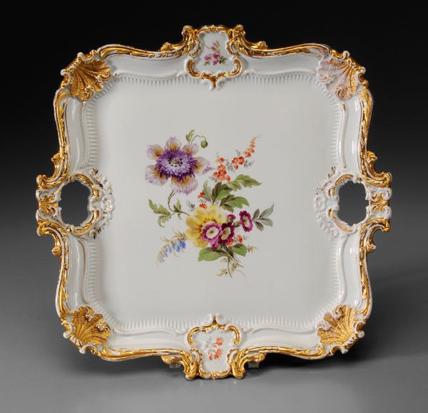Square Meissen Porcelain Tray: German, 19th century, hand painted flowers with gilt highlights, blue crossed swords mark under glaze, 16 in., wear to gilding