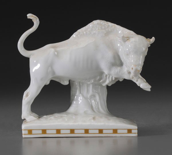 KPM Porcelain Ram: German, late 19th/early 20th century, white glaze, base with orange-printed KPM mark and blue scepter mark under glaze, 4-1/2 in., excellent condition