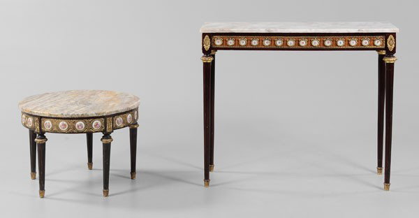 Two Louis XVI Style Marble-Top Tables: both 20th century: each set with marble top, porcelain and bronze-mounted frieze on fluted legs, one with mahogany frame, 30-7/8 x 36-1/4 x 13-7/8 in. and one with beech frame, 16-1/8 x 23-3/4 in., go