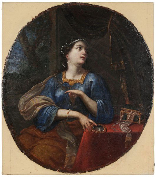 Florentine School: (17th century), Allegorical Figure of Vanity, unsigned, possibly the circle of Giovanni Bilivert (1585-1644), oil on canvas, unframed, oval 15-1/8 x 13-1/2 in., restretched, lined with wax and linen,