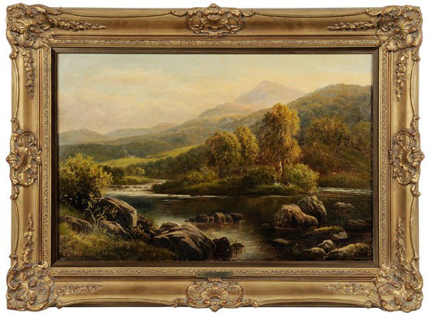 George Alexander: (British, 1832-1913), "View of the Llugry, North Wales", signed lower left "GA 1884" and titled verso, oil on canvas, 16 x 24 in.; original 19th century gilt wood and composition frame, original stret