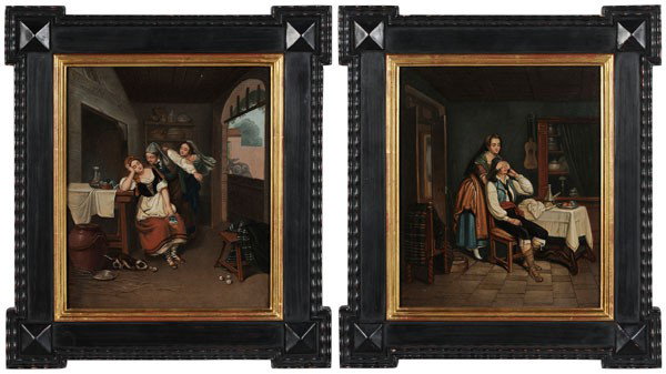 Italian School: (19th century), Pair of genre scenes: Amorous Pranks, one possibly signed upper left "Ve Maria" (By Maria), oil on tin, labels verso, 9-3/8 x 7-7/8 in.; fine modern Dutch style frames by Gold Leaf Fra