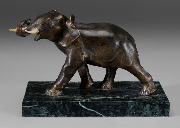 Attributed to Georges Lavroff: (Georgis Dmitrievic Lavrov, Russian Federation, 1895-1991), [L'éléphant,] signed on rear foot "G. Lavroff", patinated bronze on marble base, 5-7/8 x 8-1/2 x 4-1/4 in., tusks loose