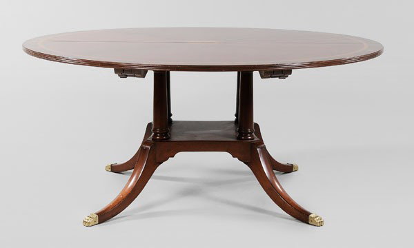 Regency Style Inlaid Mahogany Dining: Table, modern, marks for Bittner, Louisville, Kentucky, circular top with segmented veneers and satinwood banding centering inlaid satinwood compass flower, pedestal base with brass paw feet, two leav