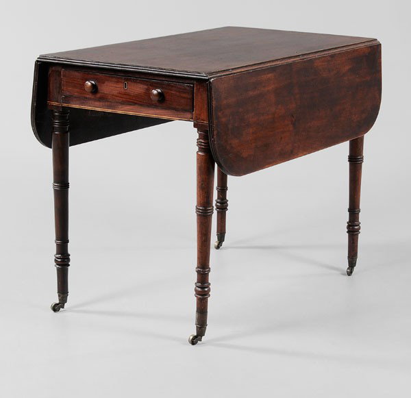 Sheraton Mahogany Pembroke Table: British, 19th century, figured mahogany with two drop leaves, single dovetailed drawer with oak linings, turned legs with casters, rich dark surface, 27-1/2 x 21 x 35-1/4 in., (opens to 40 in.), lacki
