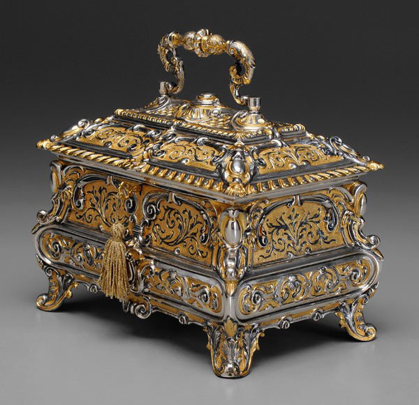 Italian Sterling Silver Dresser Box: 20th century, gadroon and scroll decoration, gilt highlights, velvet interior, marked "Fatto/A Mano" (hand made), no monogram, marked "925", 131.22 oz.T., 9 x 9 x 6-1/4 in., loss to gilt Provenance: P