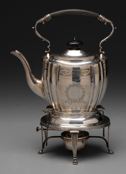 English Silver Hot Water Kettle: Birmingham, England, 1920, engraved decoration, reeded column legs with paw feet, wooden handle and finial, retailer Black, Starr and Frost, maker S. Blanckensee & Sons, Ltd., no monogram, .925 fine, 