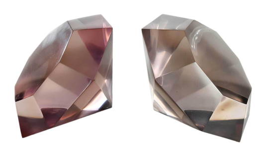 John Torreano Gem Series Bookends: (American, born 1941) Pair of Diamonds (untitled), 2000, numbered "97T" and dated, pink and clear acrylic bookends designed for Renaissance Society of Chicago publication on functional art, 8-1/4 x 9-