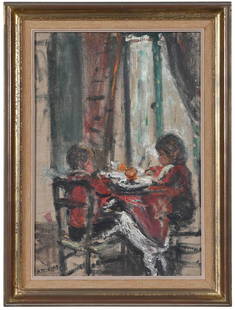 Arbit Blatas Abstract Painting of Children: (American/Lithuanian, 1908-1999) The Children's Meal, signed lower left "A. Blatas", oil on canvas, 21-5/8 x 15 in.; gilt wood frame, linen liner, 26 x 19-3/8 in. Note: Arbit Blatas was a painter, scu