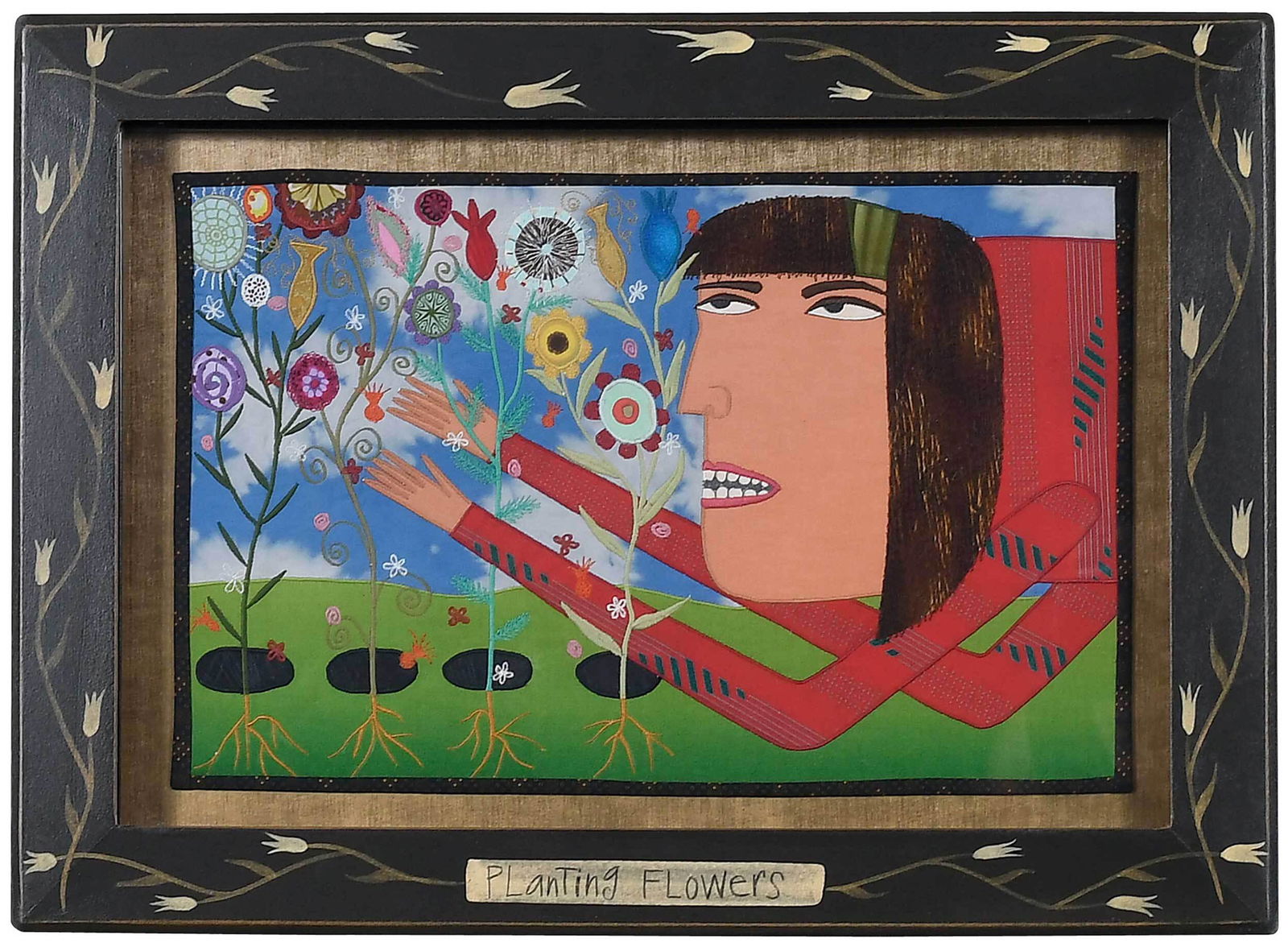 Chris Roberts Antieau: (American, born 1950) Planting Flowers, unsigned, mixed media fabric paintings, composed of appliqu‚ and embroidery, 10 x 16 in; artist painted frame, 15 x 21 in. . Provenance: The Estate of Peter H