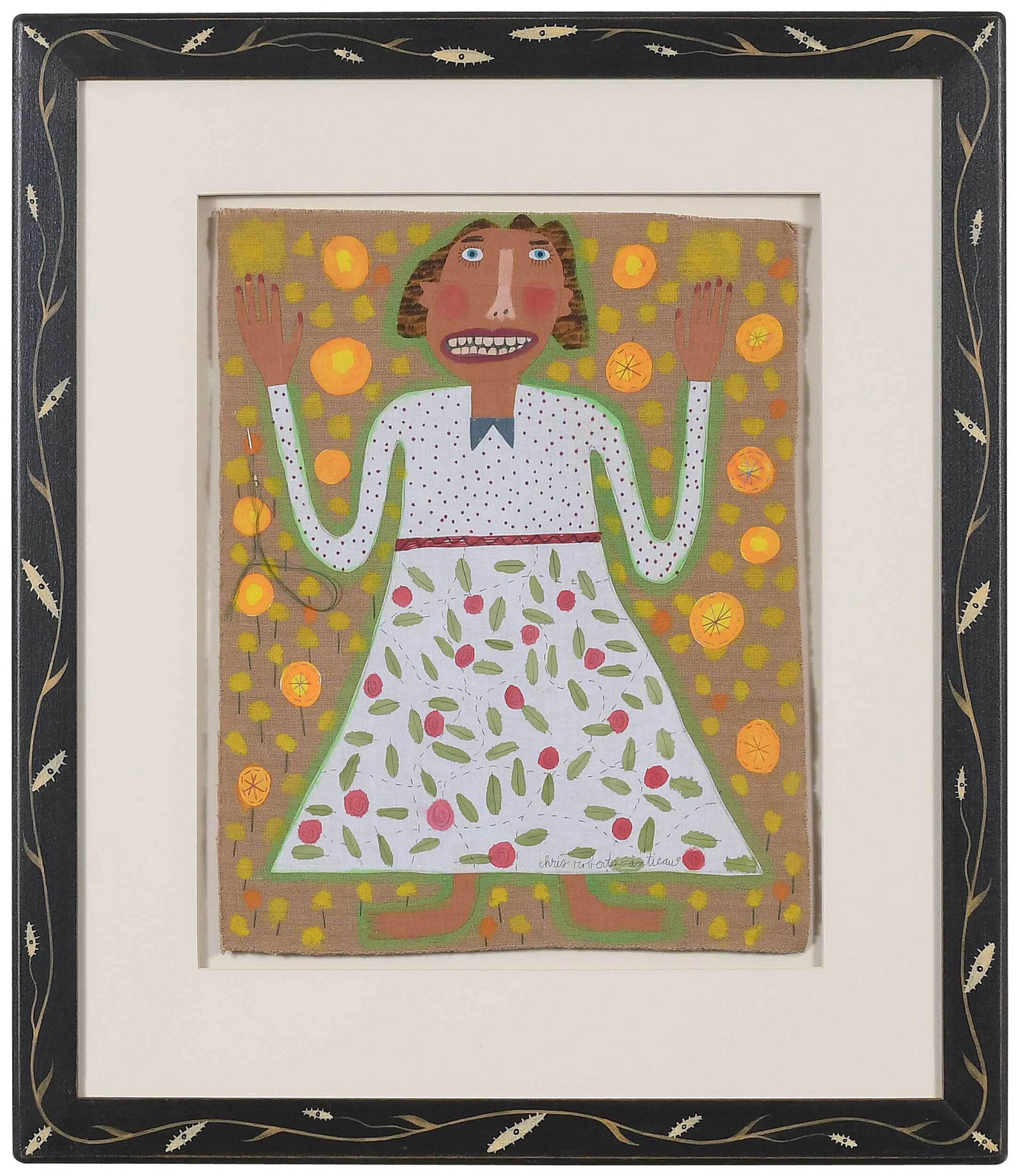 Chris Roberts Antieau: (American, born 1950) Lady with Rose Skirt, mixed media fabric paintings, composed of appliqu‚ and embroidery, signed lower right in dress "Chris Roberts-Antieau", 20 x 16 in; artist painted frame,