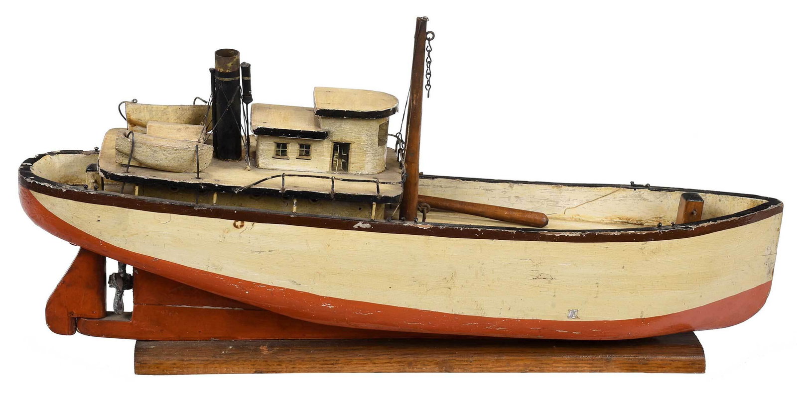 Great Lakes Folk Art Tugboat Ship Model: carved and painted wooden model of Great Lakes tugboat "Albert W. of Detroit", with lifeboats at top deck, also rudder and propeller, affixed wooden base, 19 x 10 x 4 in. Provenance: Private Collectio