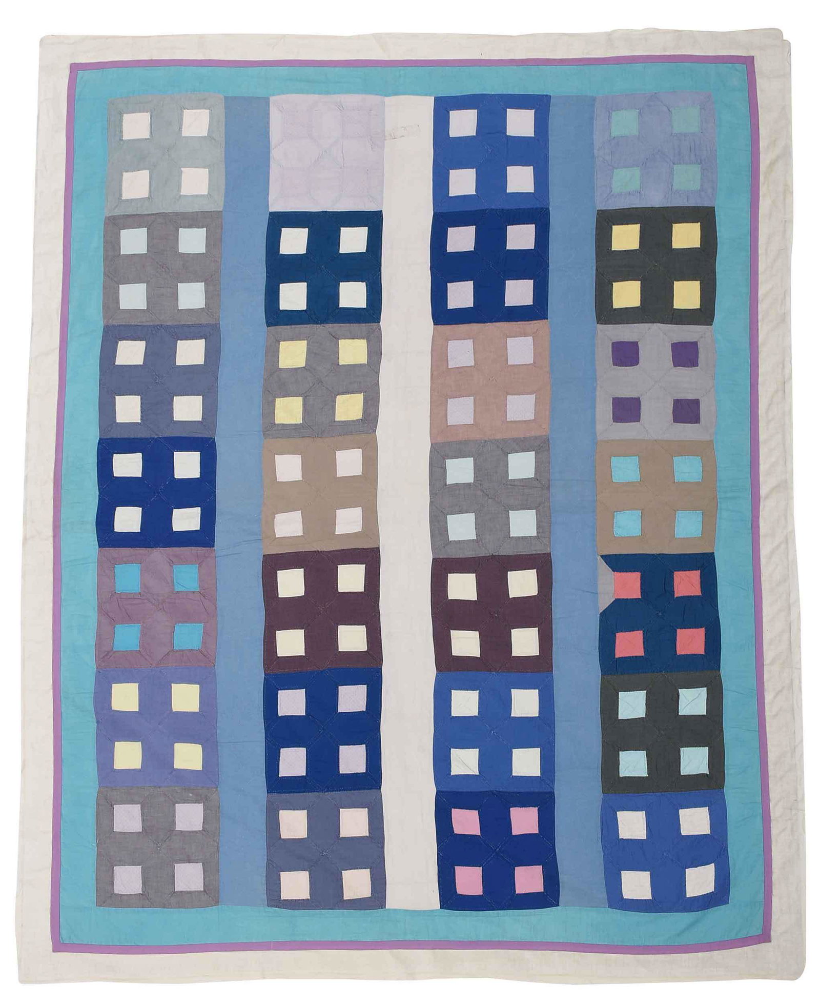 American Cotton Quilt: circa 1950, block pattern, "Skyscrapers", in tones of purple, blue, and gray, unfinished, 61-1/2 x 70-1/2 in. Provenance: Property sold to benefit the American Folk Art Museum