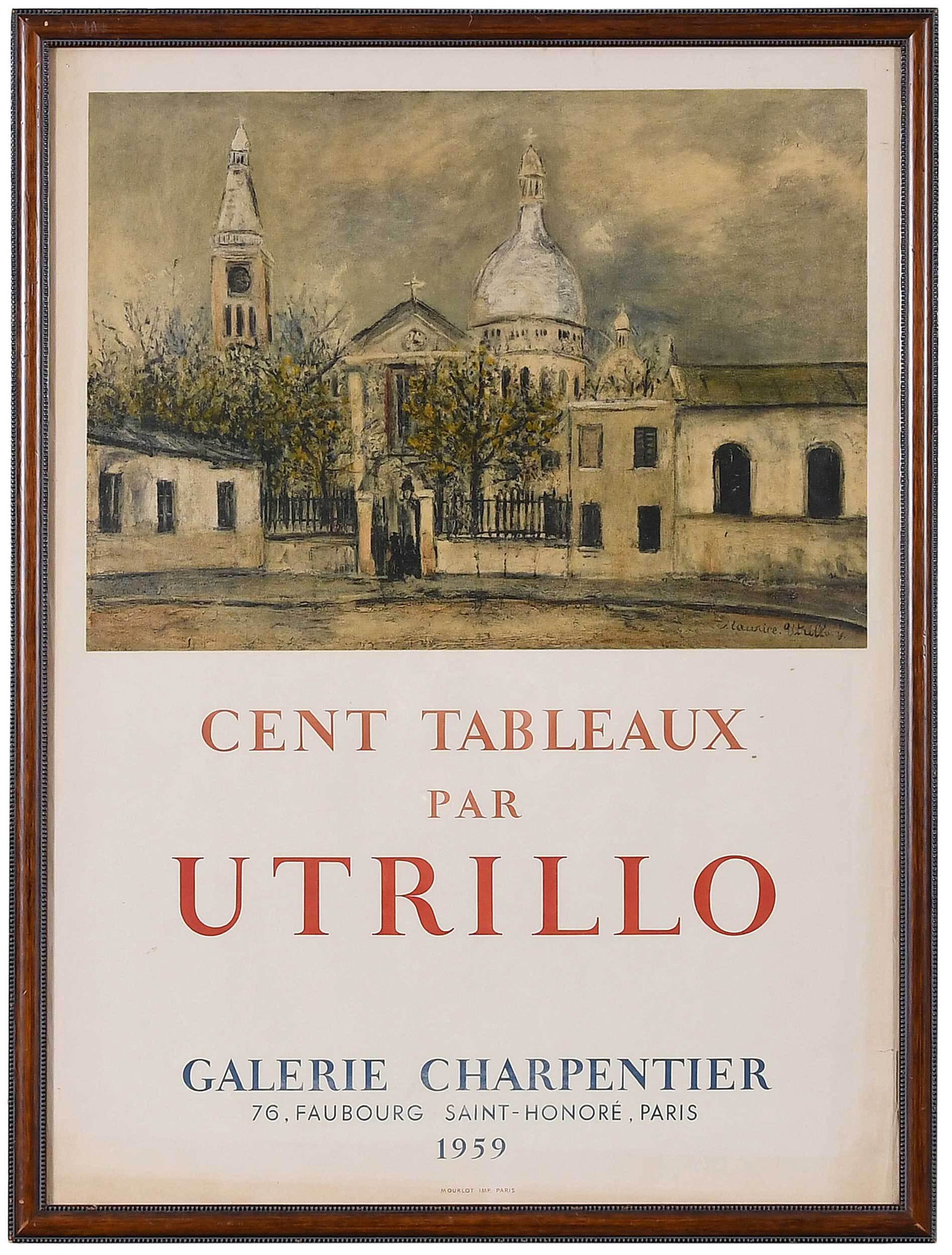 Utrillo Exhibition Poster, Galerie Charpentier, 1959: (French, 20th century) Cent Tableaux par UTRILLO Galerie Charpentier, 1959, Affiche Mourlot, sight, 28-1/8 x 20-3/4 in.; wood frame, 30 x 22-5/8 in. Provenance: Private New Orleans Collection