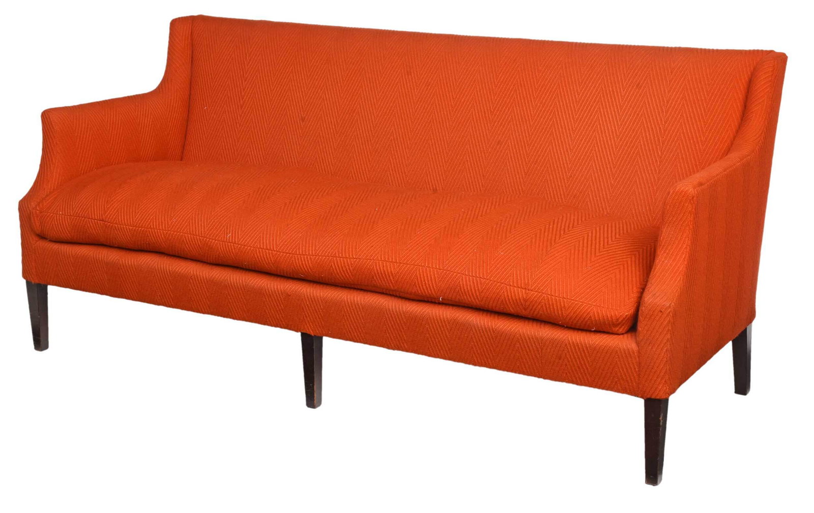 Vintage Orange Upholstered Sofa: circa 1970s, orange upholstery with loose down seat cushion, tapered square legs, 36 x 77 x 28 in. Provenance: Property from the Estate of Gerald J. and Rosalie Kahn, Milwaukee, Wisconsin