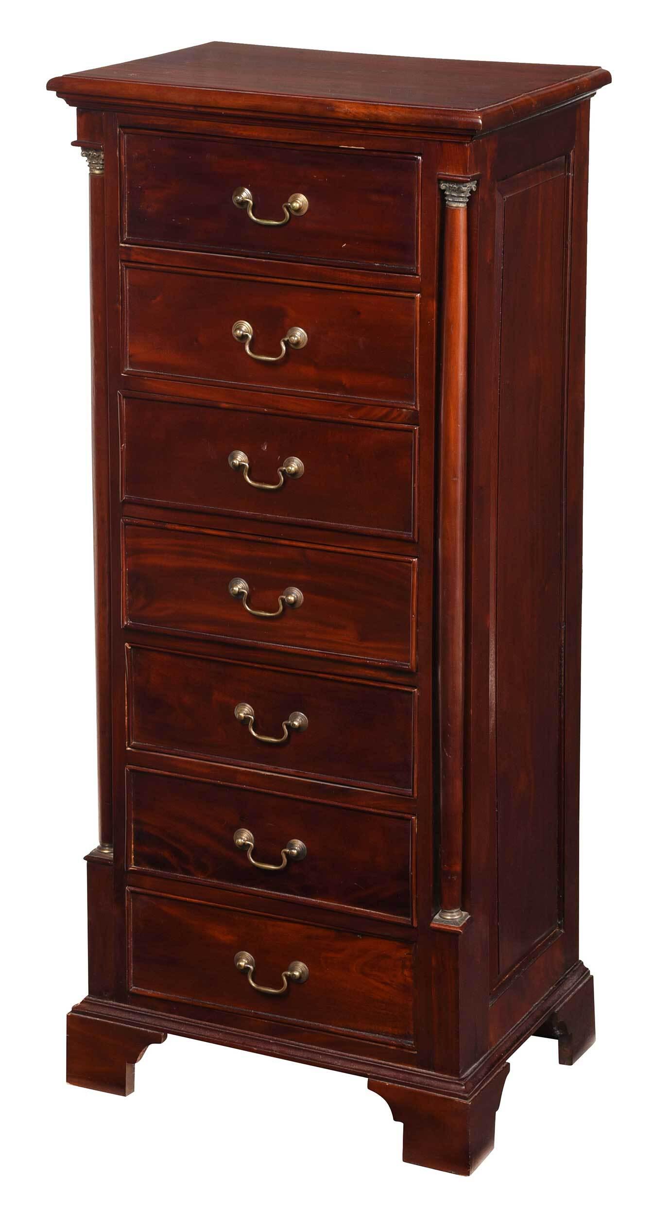 Neoclassical Mahogany Brass Mounted Lingerie Chest: 20th century, semainier with seven dovetailed drawers flanked by columns with brass capitals, paneled back and sides, set on bracket feet, 54 x 23-1/2 x 18 in. Provenance: Private Collection, North Ca