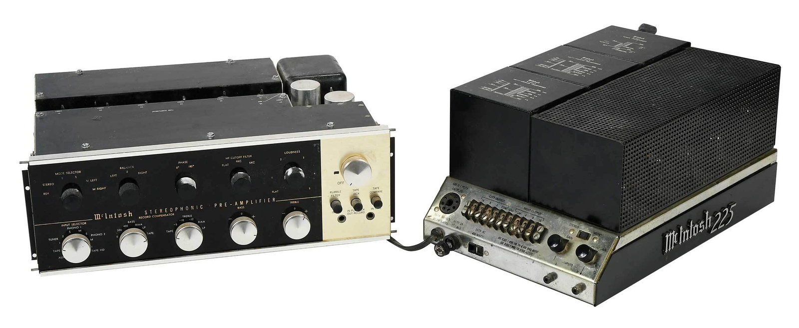 Two Vintage McIntosh Stereo Amplifiers: circa 1960s, McIntosh Model C20 Stereophonic Pre Amplifier, eight bulbs, serial number "I28A5", with power cord, 5-1/2 x 15-1/4 x 12-1/4 in.; McIntosh Model MC225 Twin 25 Watt Stereo Amplifier, with c