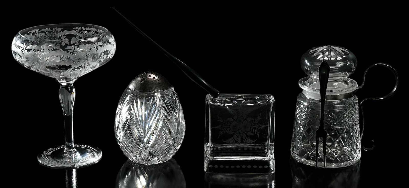 Four Cut Glass Table Objects: late 19th/early 20th century, comprising: Sinclaire pen holder, 3-1/4 x 3 x 2-7/8 in.; Mt. Washington sugar sifter, possibly Fauchon pattern, 4-1/2 in.; Libbey compote, marks for Libbey on base, 6-1/8