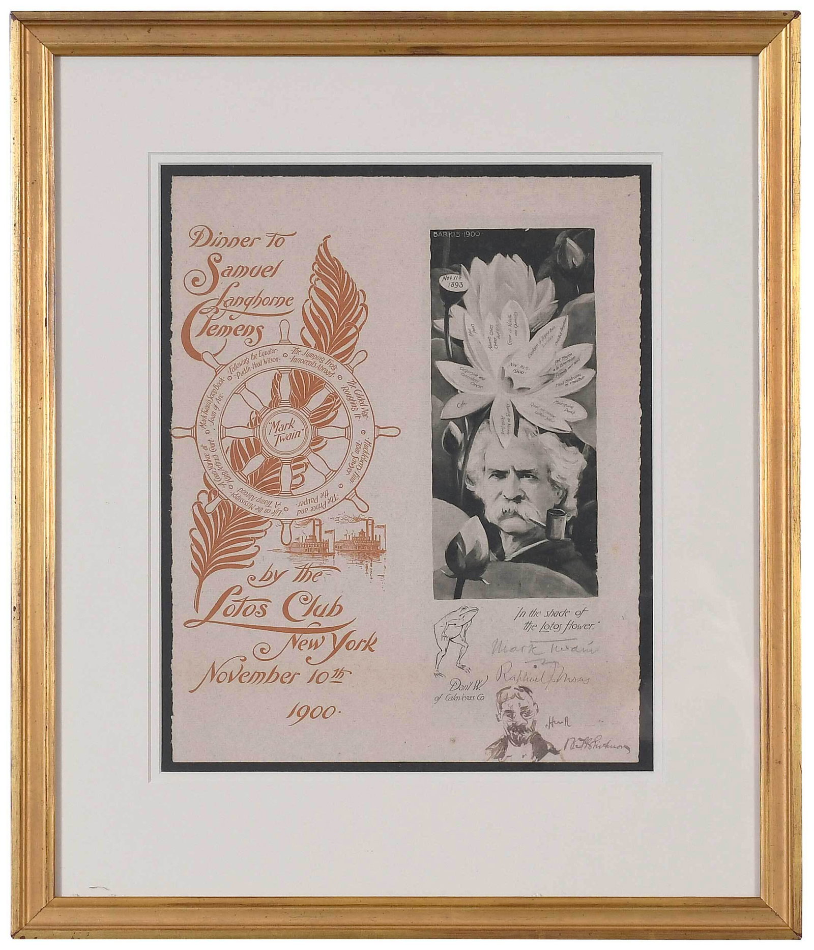 Mark Twain Signed Lotos Club Dinner Broadside: November 10th, 1900 dinner by New York Lotos Club, lithograph on deckle edge stock, signed "Mark Twain" in pencil, sight 11-1/4 x 14-1/4 in., framed 19 x 22-1/2 in. overall Note: From the New York Tim