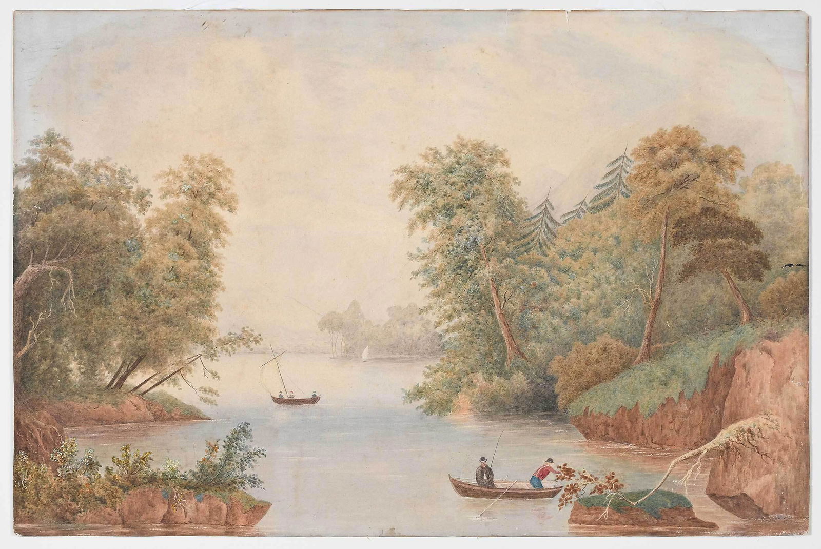 American or British School: (19th century) The Narrows, Lake George, inscribed verso and signed with initials "The Narrows, Lake George, U.S. J.R. T.(?)", watercolor on paper, 18-1/4 x 27-1/2 in.; unframed Provenance: Young's An