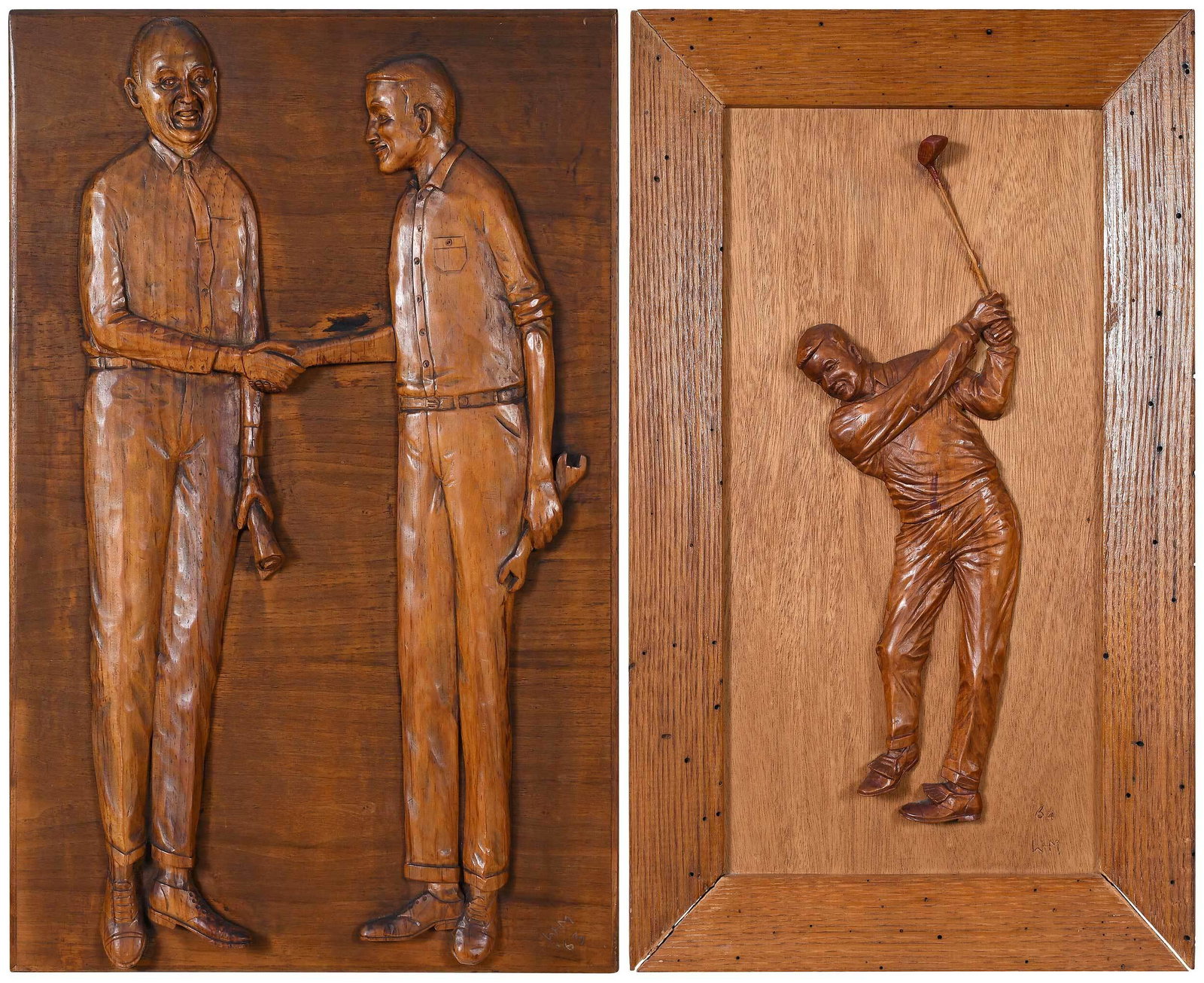 Two Wade Martin Carved Wood Plaques: (Swannanoa, North Carolina, 1920-2005) Golfer; Two Men Shaking Hands; each initialed "WHM", dated "'63" and "'64", carved wood, 23-3/4 x 14 in. and 24 x 15-3/8 in. Provenance: A North Carolina Collect