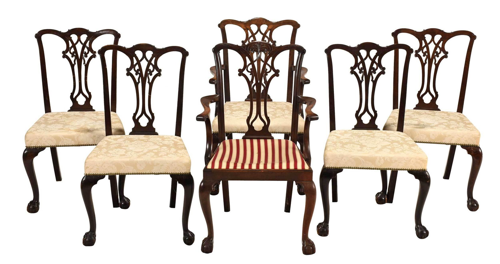 Assembled Set of Six Chippendale Style Dining Chairs: 19th/20th century, mahogany and beechwood, two arm and four sides, five matching beechwood and one associated mahogany armchair with inset slip seat and carved crest rail, each with pierced splats in 