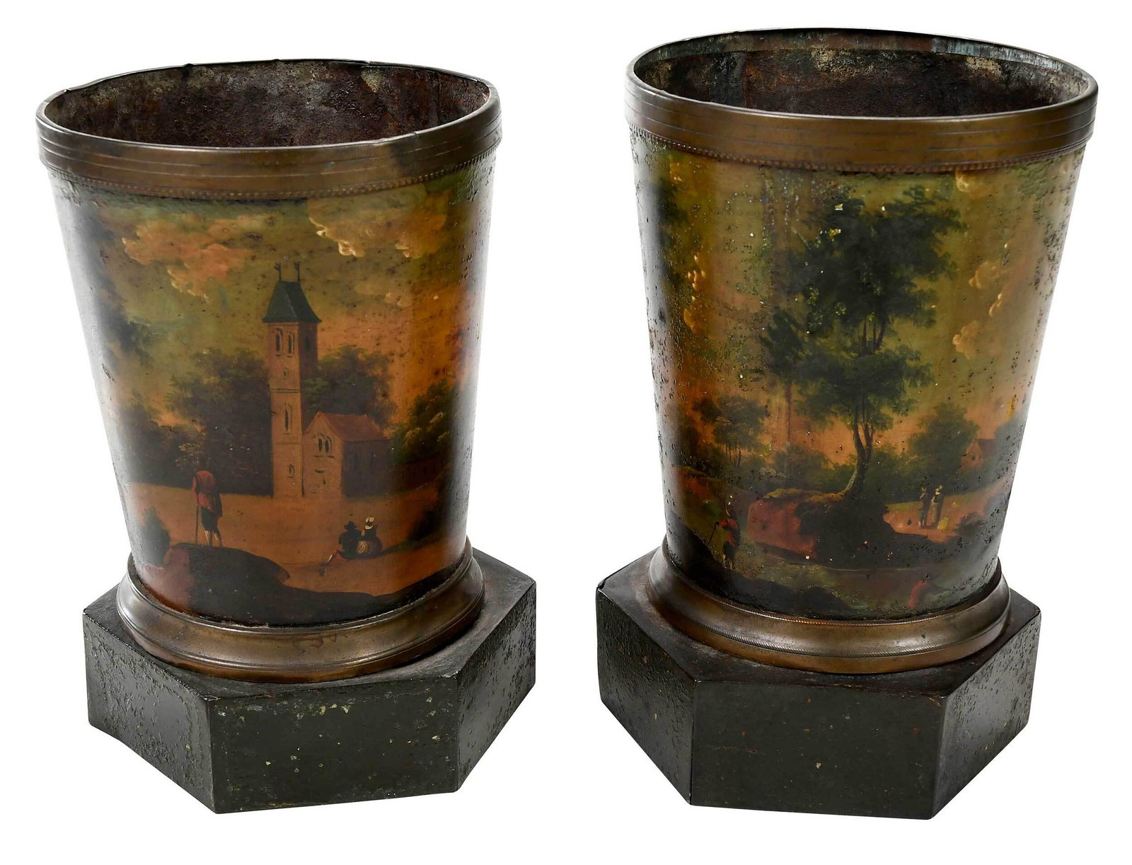 Pair of British Hand Painted Tole Jardinieres: 19th century, two cup form vessels with hexagonal bases, each with hand painted landscape scene, 7-3/4 x 5-1/4 in. Provenance: Estate of David R. Hayworth, High Point, North Carolina