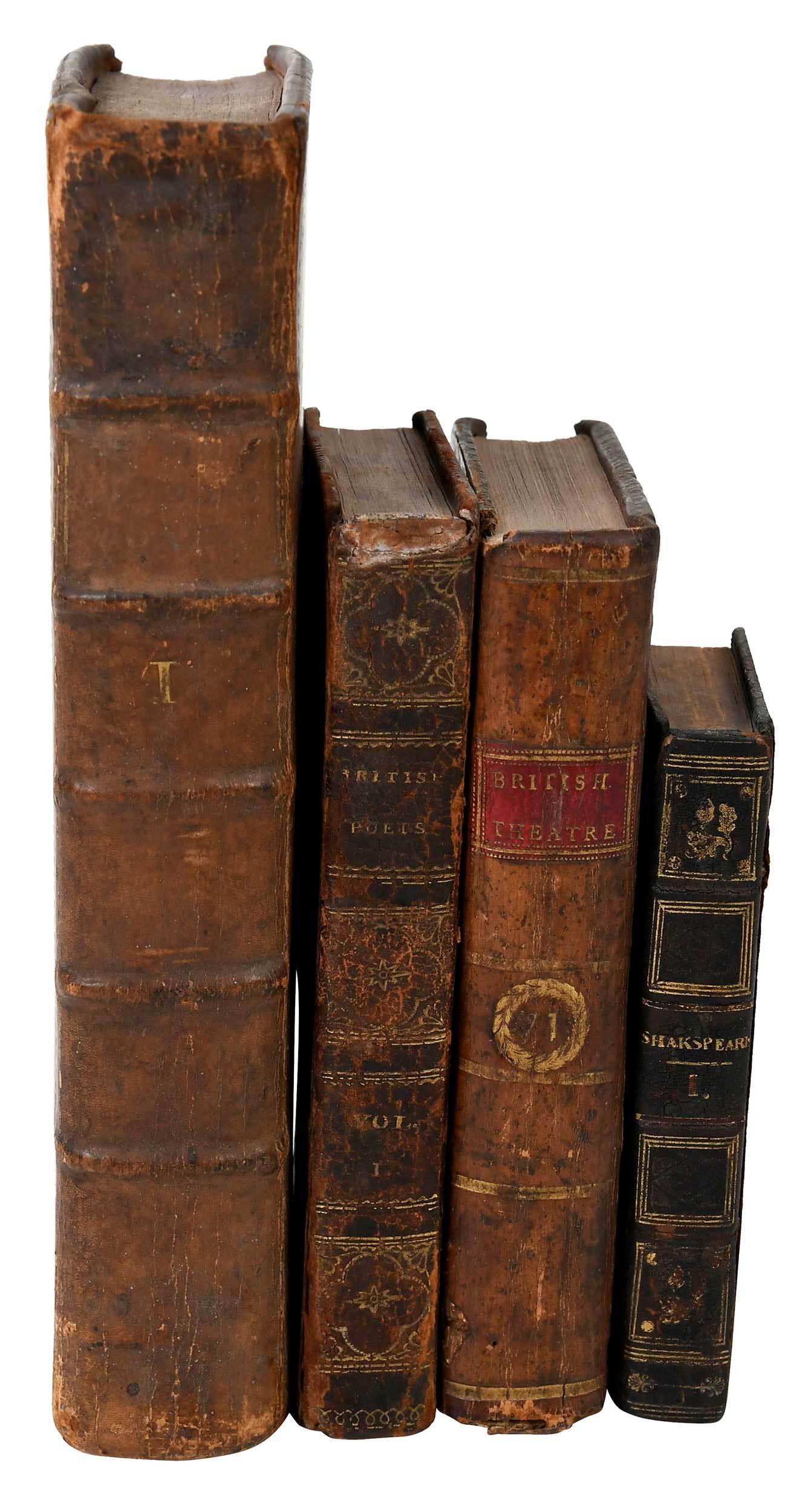 27 Leatherbound British Theater Books: 27 volumes total, including: The Works of Ben Johnson, London: J. Walthoe, M. Wotton, et. al., 1716, six volumes (complete), first octavo edition, bound in full leather; The Plays of William Shakespea