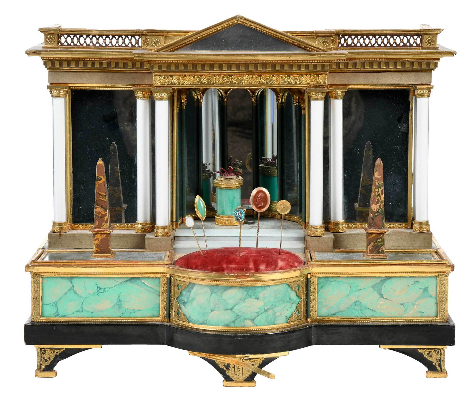 19th Century Classical Facade Sewing Box: of architectural form, giltwood, faux marble and mirror, velvet pin cushion with five hat pins, faux marble obelisks open to void interior, 12-1/2 x 15-1/4 x 7-1/2 in. Provenance: Estate of David R. H
