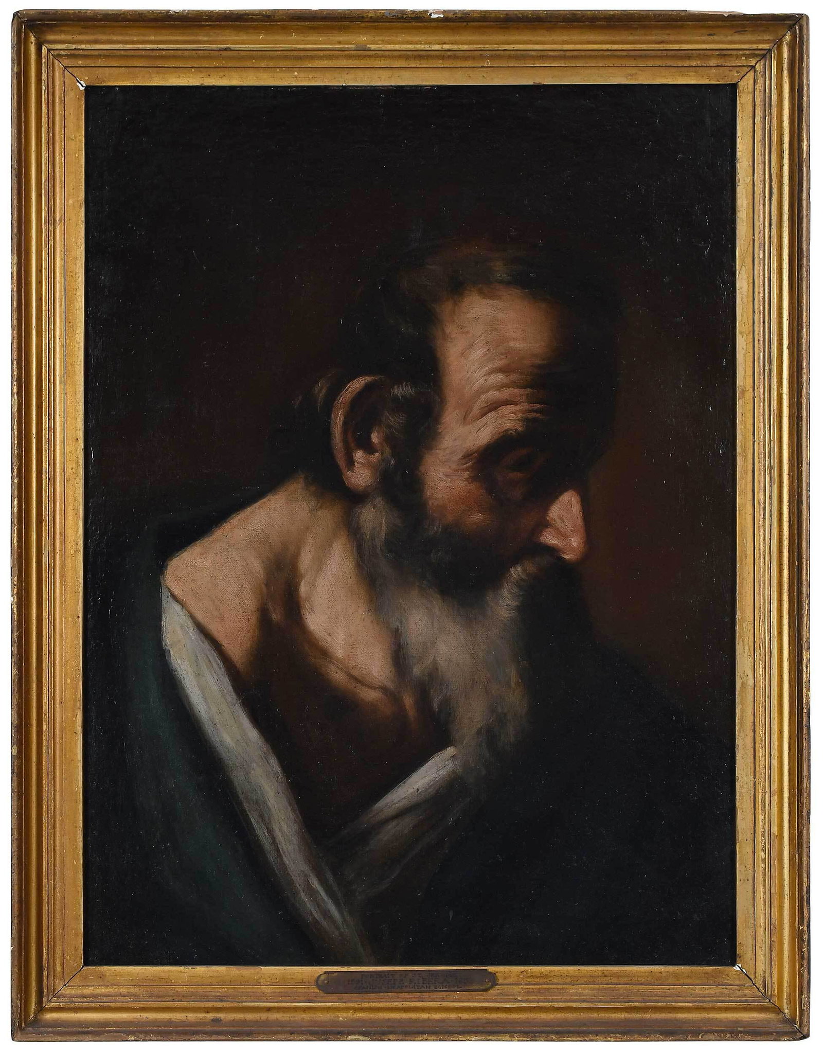 Follower of Jusepe de Ribera: (Spanish, 1591?1652) Study of a Bearded Older Man, unsigned, possibly 18th century or earlier, oil on canvas, 26-1/4 x 19-5/8, gilt wood frame, 28-3/4 x 22-1/2 in. Provenance: Estate of Ben Smith, New