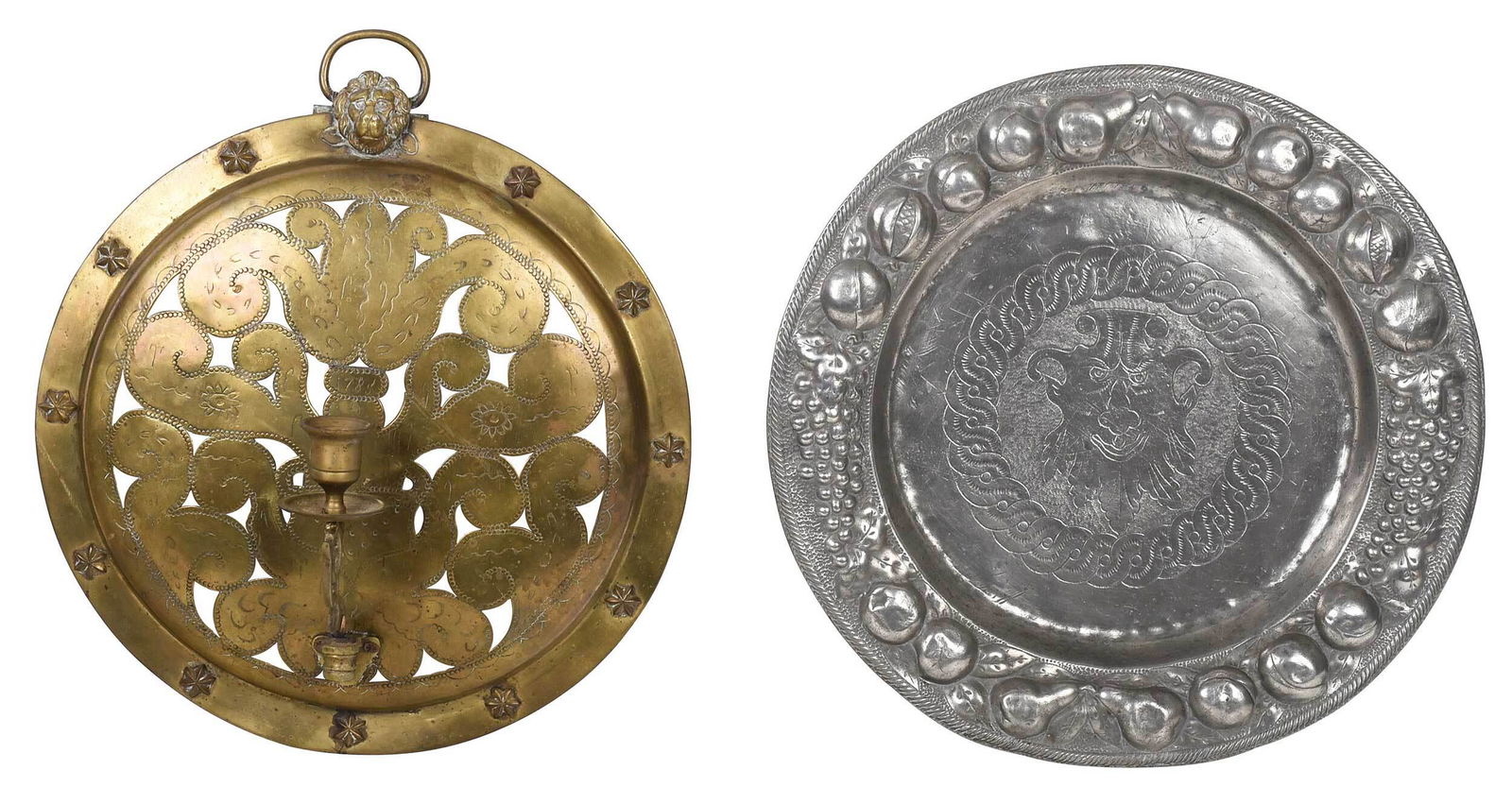 Two Continental Metal Wall Fixtures: brass sconce engraved with the date "1785", with reticulated floral design, star form and lion head accents, with attached candlestick and hanging loop, 13-1/8 x 11-3/4 x 3-5/8 in.; Italian pewter cha