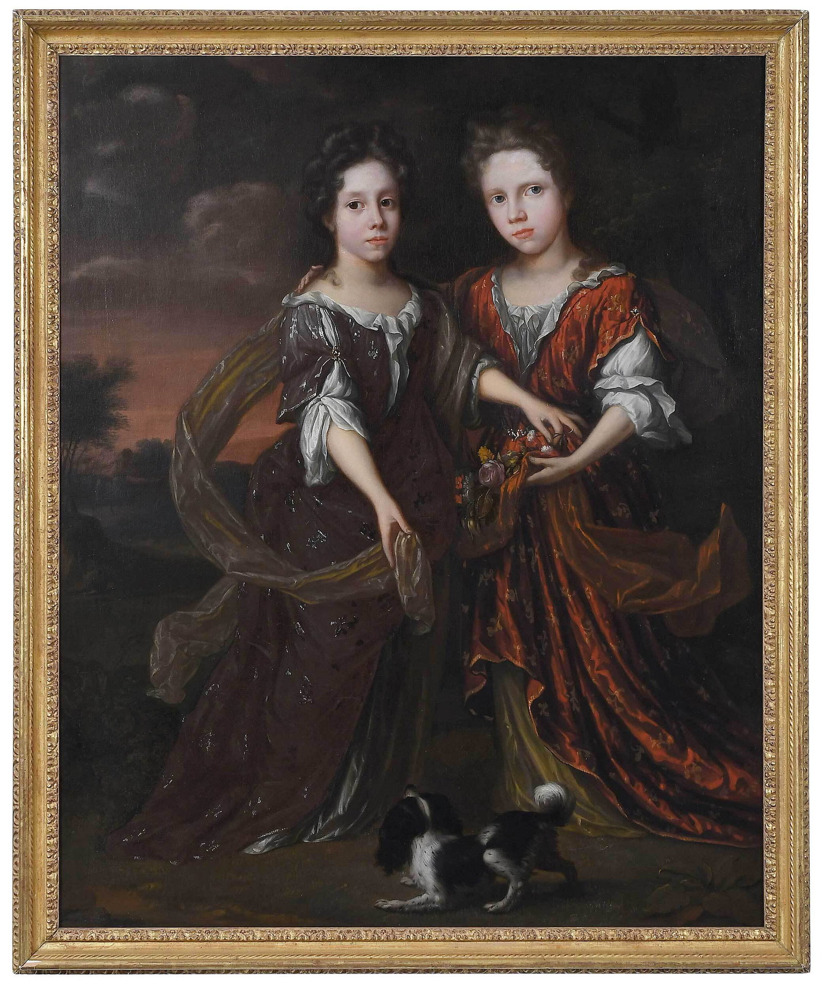 Circle of Nicolaes Maes Double Portrait: (Dutch, 1634-1693) Two Girls with a Spaniel in a Landscape, circa 1670, unsigned, oil on canvas, 48-1/2 x 39-3/8 in. (121.92 x 99.06 cm.); reproduction gilt wood frame, 52-5/8 x 43-1/8 in. [Old Master