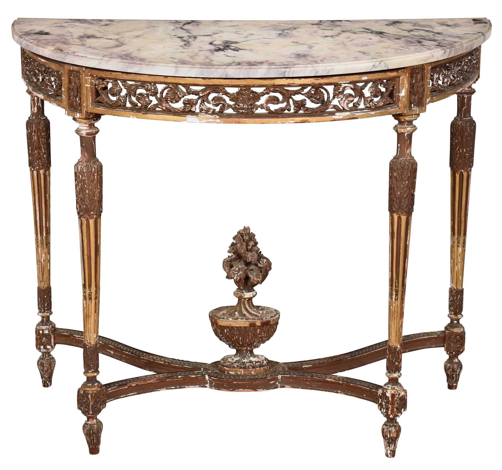 Louis XVI Carved Gilt and Marble Top Console Table: French or Italian, probably late 18th century with restorations, variegated white marble top, over a carved and gilt frame with pierced leaf and scroll skirt, leaf carved and fluted legs, molded stret