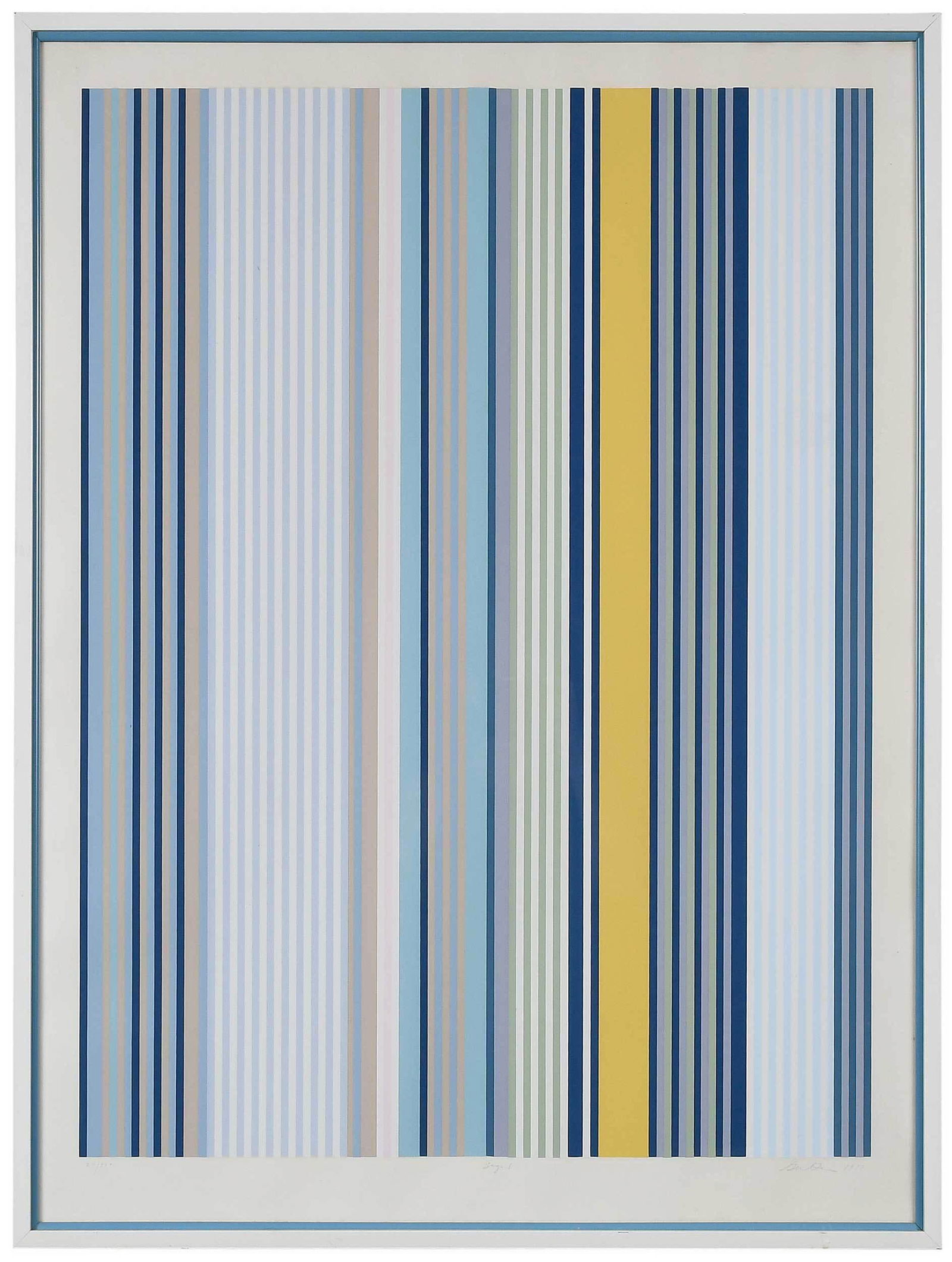 Gene Davis Silkscreen: (Washington, DC, 1920-1985) Signal, 24/200, signed lower right "Davis 1972", color silkscreen, 40 x 29-7/8 in.; modern white painted frame, 41-1/2 x 31-1/2 in. Note: Gene Davis is an artist associated