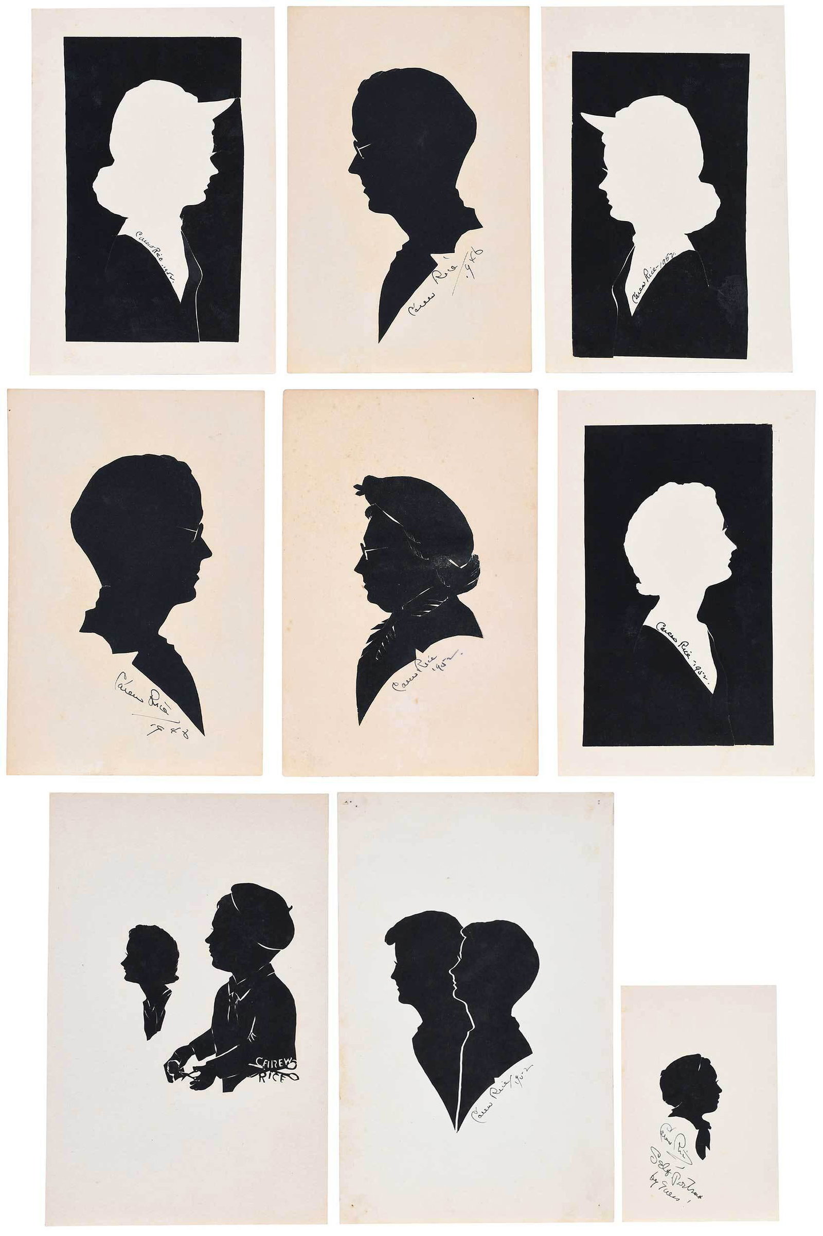 Carew Rice, Nine Silhouettes: (American/South Carolina, 1899-1971) Self Portrait, signed "Carew Rice", and 8 untitled, paper silhouettes, largest 10-3/4 x 6-7/8, smallest 6 x 4 in. Provenance: Private Collection, Greer, South Caro