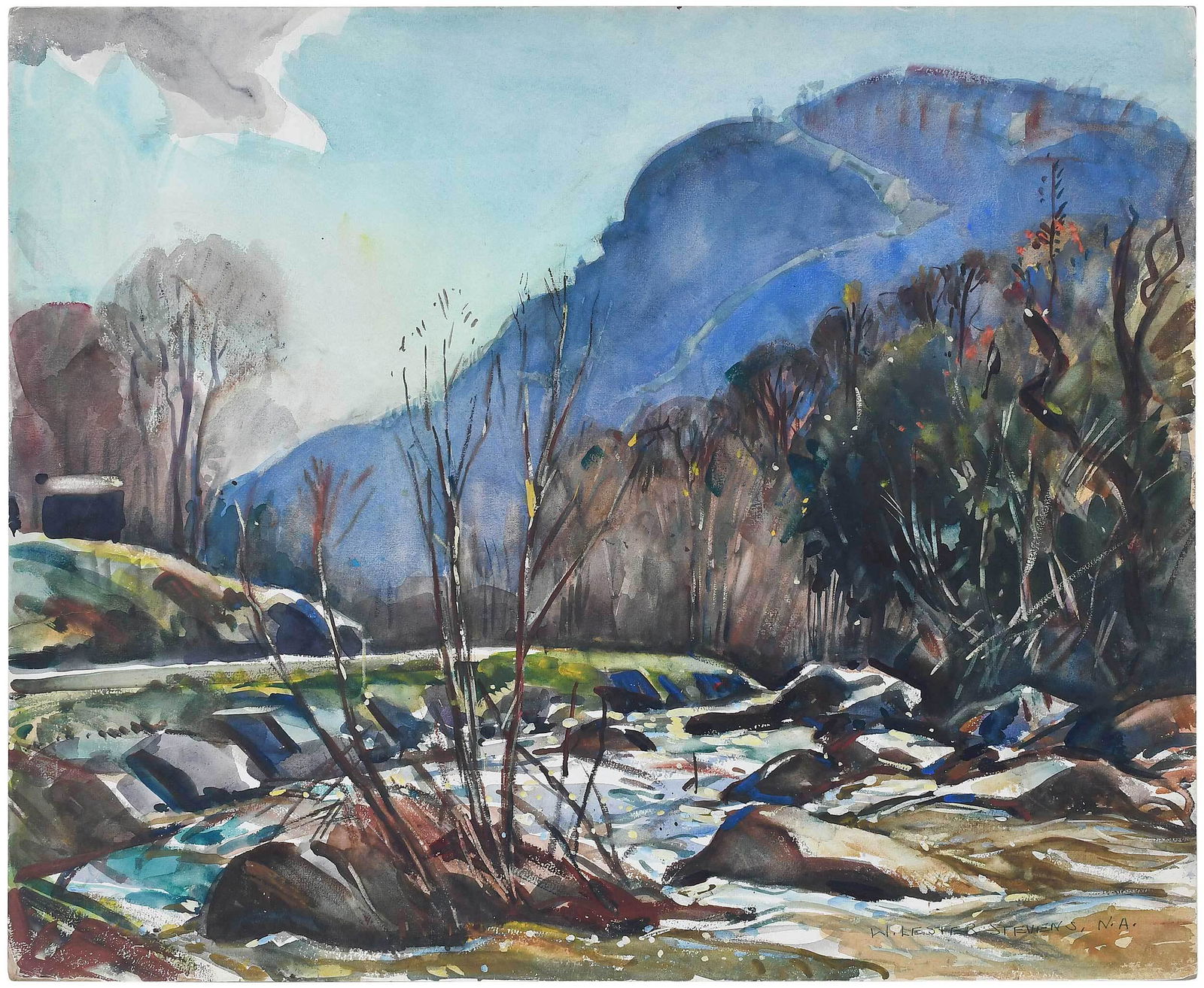 William Lester Stevens: (American, 1888-1969) Chimney Rock Mountain, NC, signed lower right "W.L.Stevens, N.A.", inscribed verso "Chimney Rock Mountain/Chimney Rock, No Carolina", watercolor on board, 19 x 23-1/2 in.; unfram