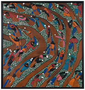 Winfred Rembert: (American/Georgia, 1945-2021) Picking Cotton, inscribed bottom center "Winfred Rembert...REV", dye on carved and tooled leather, 28 x 27 in.; metal frame 29-1/4 x 27-3/4 in. Note: Born in rural Georgi