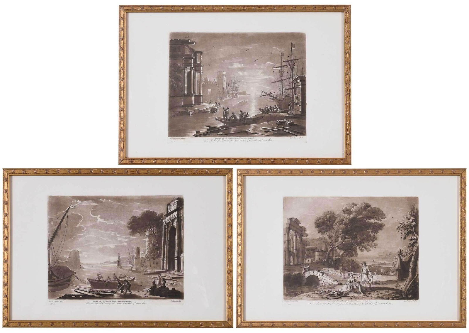 Three Mezzotints After Claude Lorrain, John Boydell: (or Claude Gell?e, French, 1600-1682) Plate Nos. 6, 5, 64, from Liber veritatis. Or, A Collection of Two Hundred Prints, after the Original Designs ... in the Collection of ... the Duke of Devonshire,