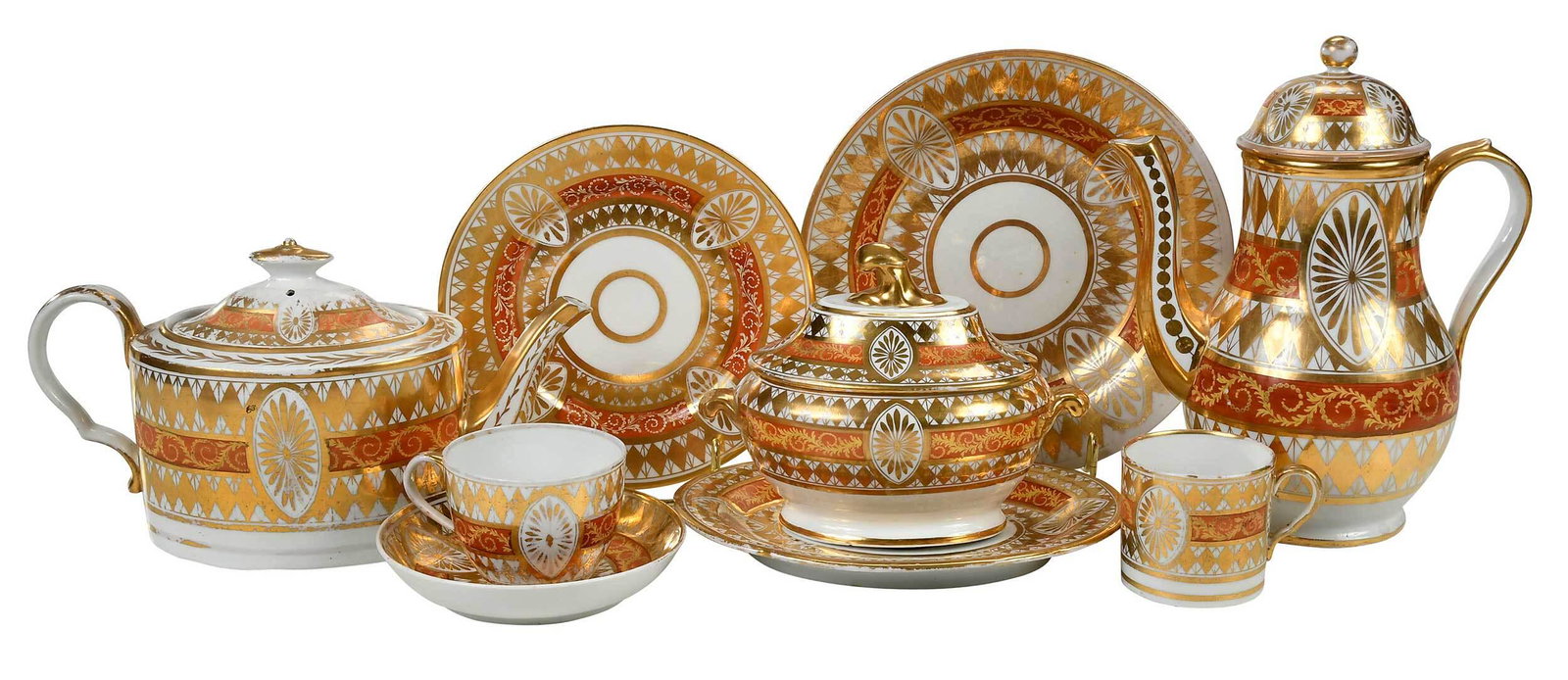 British Porcelain and Gilt Tea Service: possibly Coalport, 19th century, 55 pieces overall, comprising: two lidded teapots; one lidded coffee pot; two lidded sugar bowls with two corresponding plates; 12 teacups in one size; four teacups in
