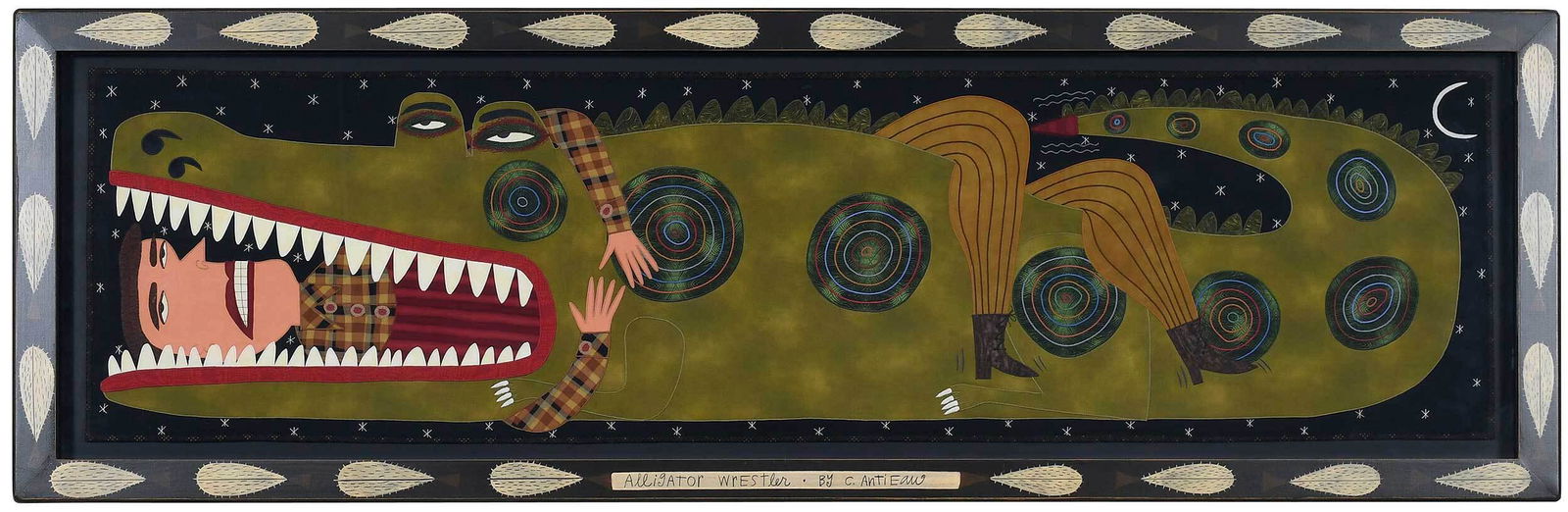 Chris Roberts Antieau: (American, born 1950) Alligator Wrestler, 2010, mixed media fabric paintings, composed of appliqu? and embroidery, labeled and dated verso "Chris Roberts-Antieau/2010", 15 x 58 in.; artist painted fra