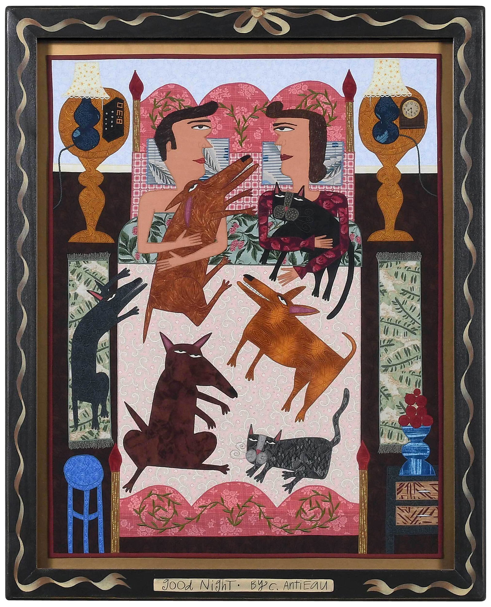 Chris Roberts Antieau: (American, born 1950) Goodnight, mixed media fabric paintings, composed of appliqu? and embroidery, signed on frame "C Antieau", 28 x 22 in; artist painted frame, 33-1/2 x 27 in. Provenance: The Estat
