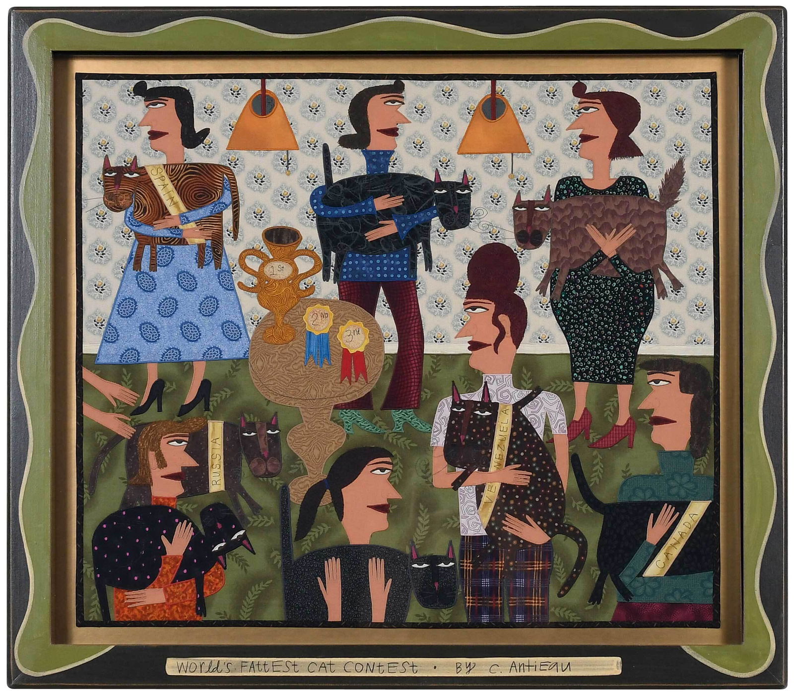 Chris Roberts Antieau: (American, born 1950) World's Fattest Cat Contest, mixed media fabric paintings, composed of appliqu? and embroidery, labeled and dated verso "Chris Roberts-Antieau/2010", 22 x 26 in; artist painted f