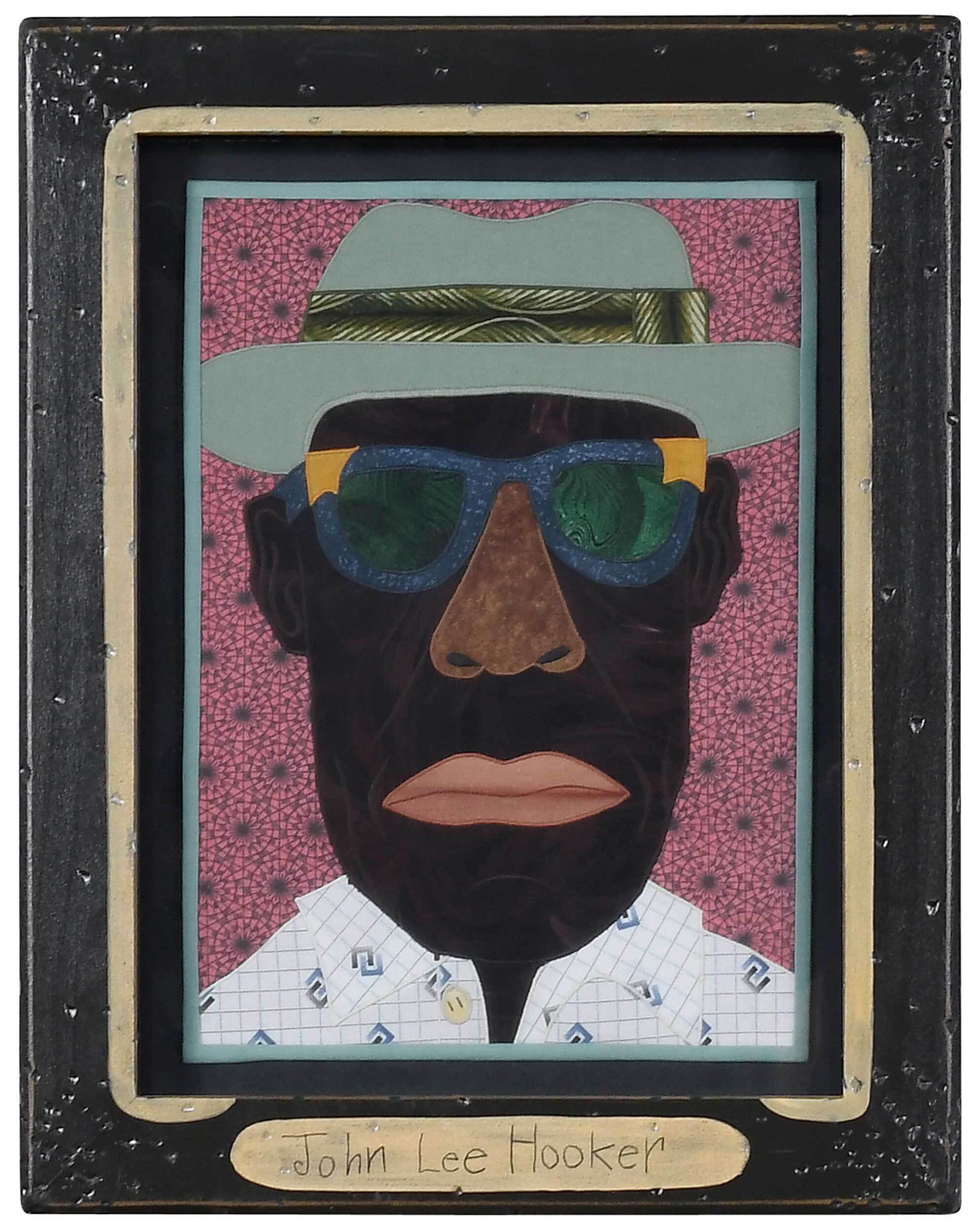 Chris Roberts Antieau: (American, born 1950) John Lee Hookerer, mixed media fabric paintings, composed of appliqu? and embroidery, labeled and dated verso "Chris Roberts-Antieau/2010", 13-1/2 x 9-1/2 in; artist painted fram