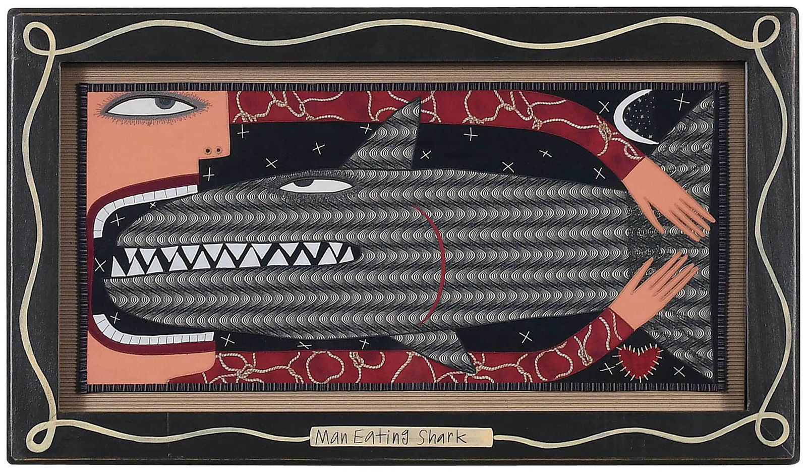 Chris Roberts Antieau: (American, born 1950) Man Eating Shark, mixed media fabric paintings, composed of appliqu? and embroidery, labeled and dated verso "Chris Roberts-Antieau/2010", 10-1/2 x 22 in; artist painted frame, 1
