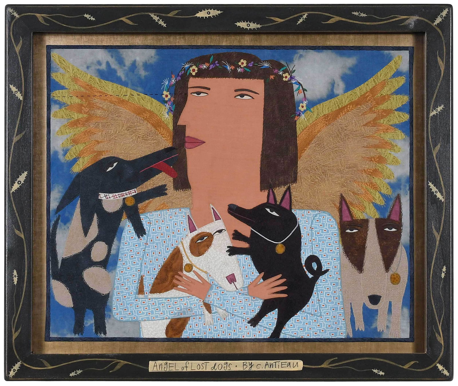 Chris Roberts Antieau: (American, born 1950) Angel of Lost Dogs, mixed media fabric paintings, composed of appliqu?? and embroidery, labeled and dated verso "Chris Roberts-Antieau/2010", 19 x 24 in; artist painted frame, 24