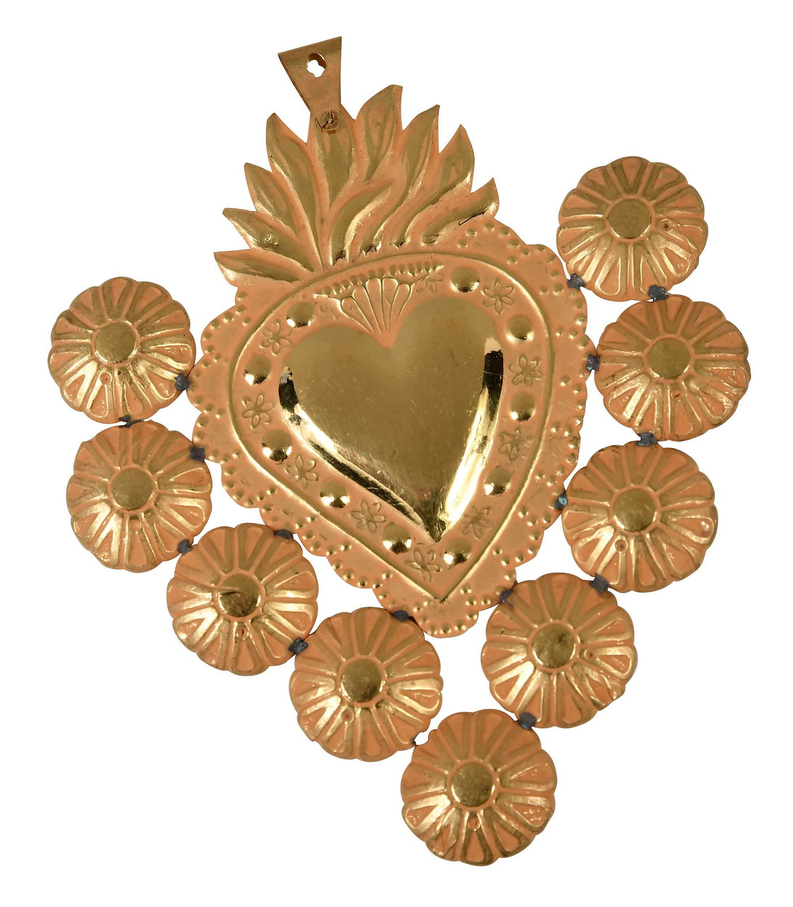 Large 18kt. Yellow Gold Milagros: probably Peruvian, bleeding heart shapes, 13.8 grams, marked 18k and test 18kt., 5-3/4 x 4-3/4 in.
