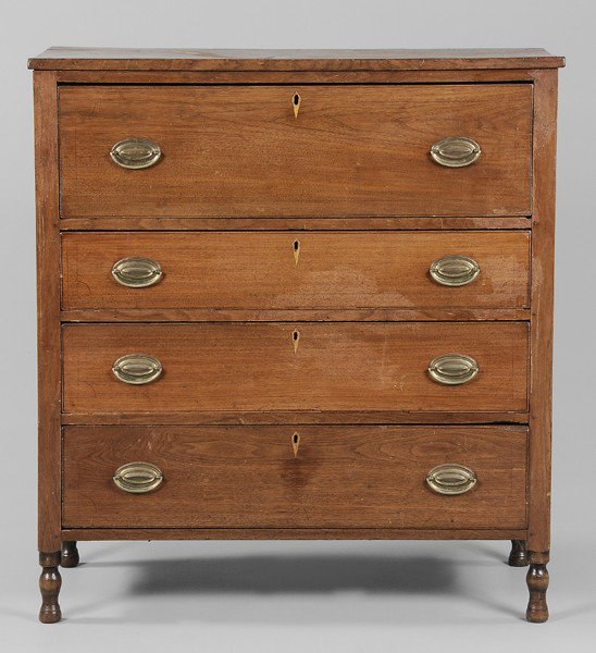 Signed Federal Chest: West Virginia, 19th century, walnut with poplar secondary, scribe-decorated drawer fronts with kite escutcheons, turned feet, backboards inscribed "E.L. Na… W. VA.", 42-1/2 x 39 x 18 in., refinished