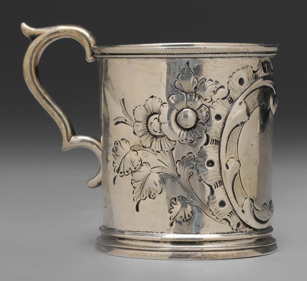 Georgia Coin Silver Mug: American, mid 19th century, C-scroll handle, floral and scroll decoration, marks for "Clark & Co." (Francis Clark, Augusta, Georgia, working 1816-1860), 4.83 oz.T., 4 4-5/8 x 3-1/4 in., monogram remov